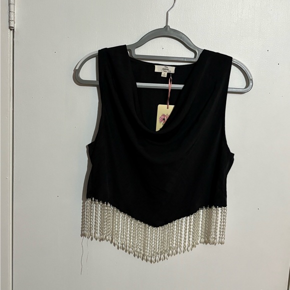 entro Tops - Entro Black Sleeveless Top with Pearl Fringe Detail